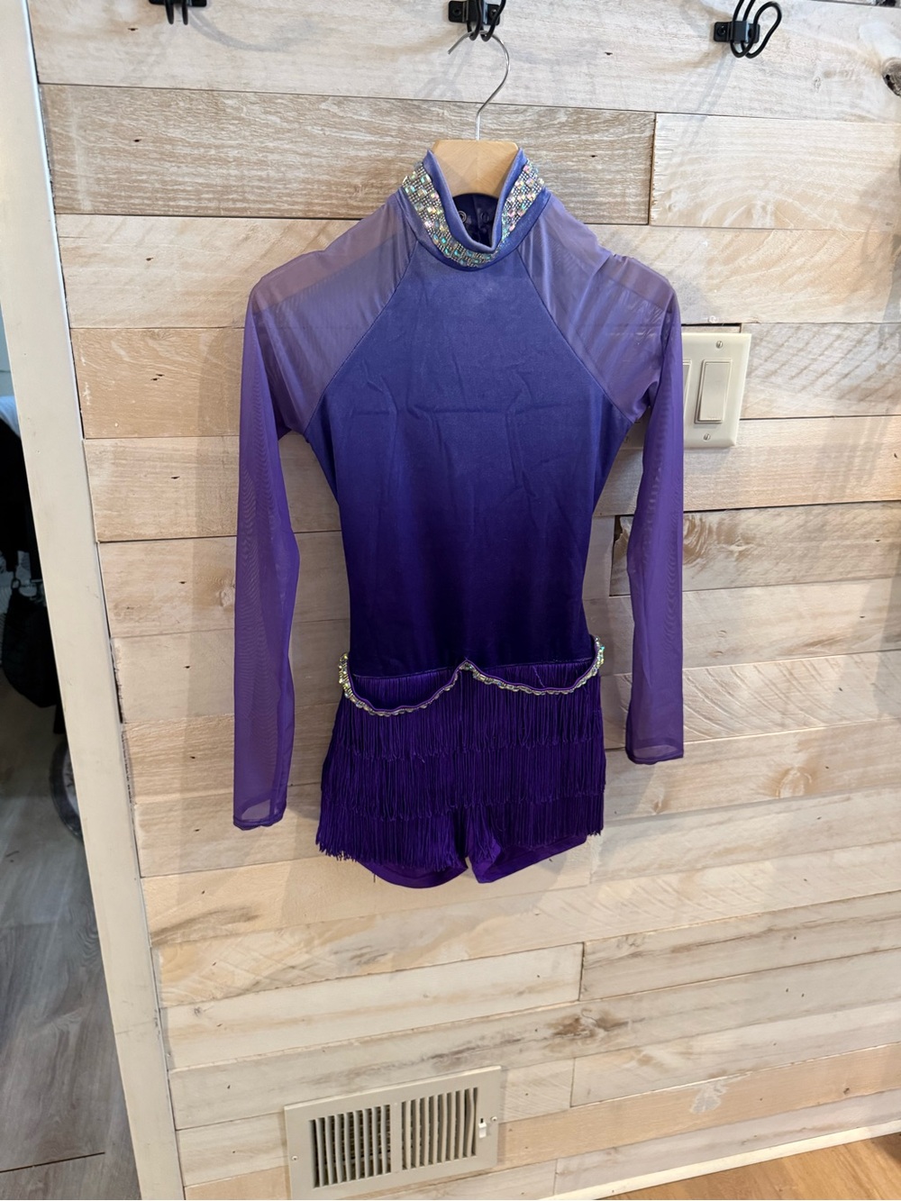 WEISSMAN Dance Costume purple fringe velvet mesh sleeve All The Ways SA